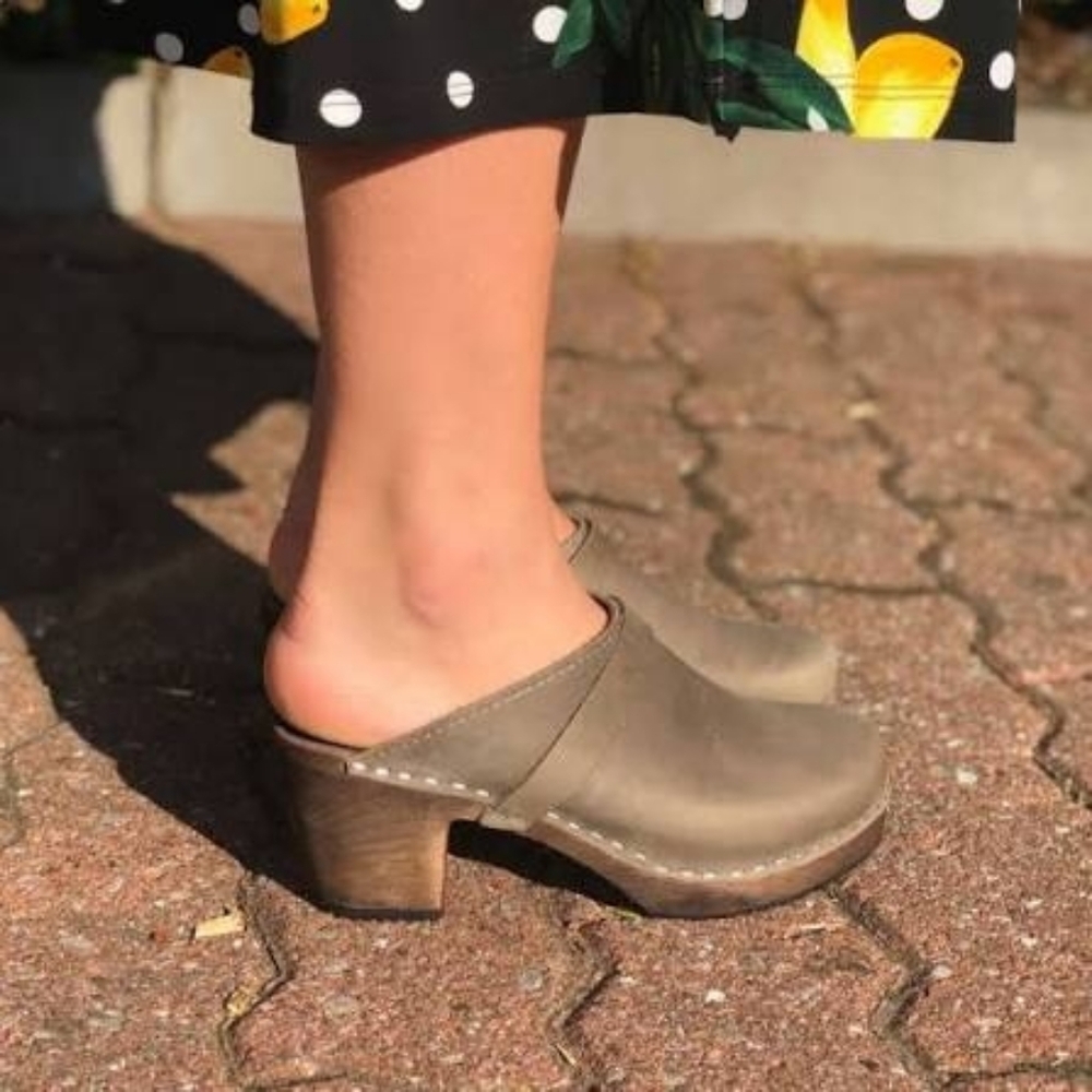 High Heeled Classic Clogs In Taupe Oiled Nubuck on Brown Base with Strap